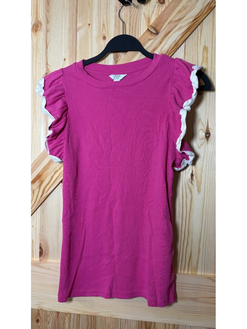 Crown & Ivy Pink Ribbed Shirt with Ruffle Sleeves XS